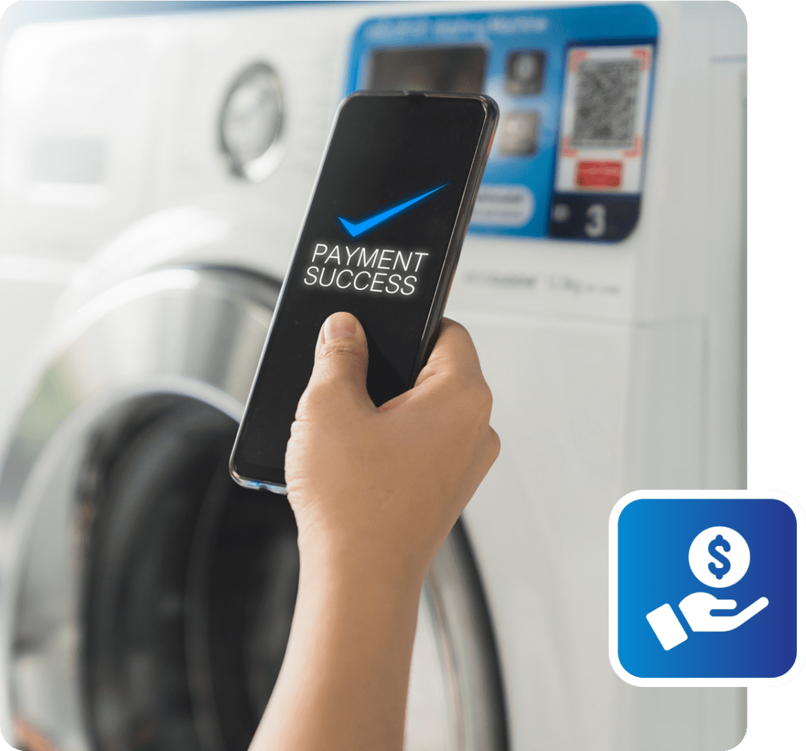 Phone showing successful payment near washing machine.